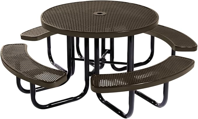 Coated Outdoor Furniture Heavy-Duty Portable Outdoor Picnic Table with Umbrella Hole, Punched Steel Commercial-Grade Patio Dining Furniture Made in America (46" Round Top, Textured Brown)