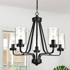 5-Lights Modern Chandelier with Clear Glass Shades, Black Farmhouse Pendant Lighting for Dining Room Kitchen Island Ceiling Light Fixture Haning Over Table