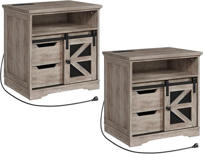 Farmhouse End Table Set of 2, Sofa Side Table with Charging Station, Bedside Table with 2 Drawers and Barn Door, Rustic Wooden Nightstand for Bedroom, Living Room, Greige