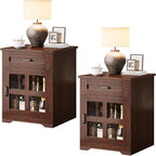 Farmhouse End Table Set of 2 with Drawer, 18" Large Side Table with Storage Cabinet and Acrylic Door, Wood Nightstand Bedside Table for Living Room, Bedroom, Espresso
