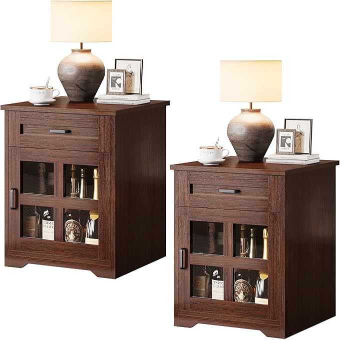 Farmhouse End Table Set of 2 with Drawer, 18" Large Side Table with Storage Cabinet and Acrylic Door, Wood Nightstand Bedside Table for Living Room, Bedroom, Espresso