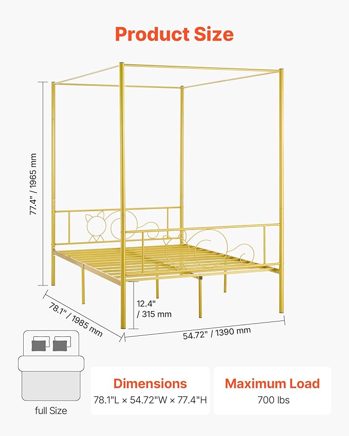 VEVOR Canopy Bed Frame Full Size, Metal Canopy Bed with Minimalist Headboard & Four Posters Design, Heavy Duty Steel Slats Support, Underbed Storage Space, No Box Spring Needed, Easy Assembly, Gold