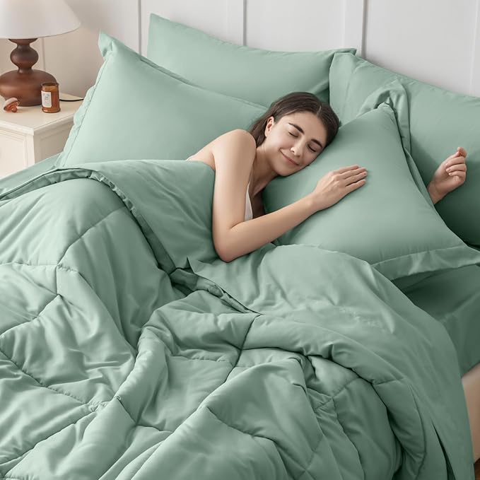 JOLLYVOGUE California King Comforter Set, Ultra-Soft Bed in a Bag Cal King Size 7 Pieces, Oeko-TEX Certified Bedding Set with Down Alternative Comforter, Sheets, Pillowcases & Shams, Sage Green