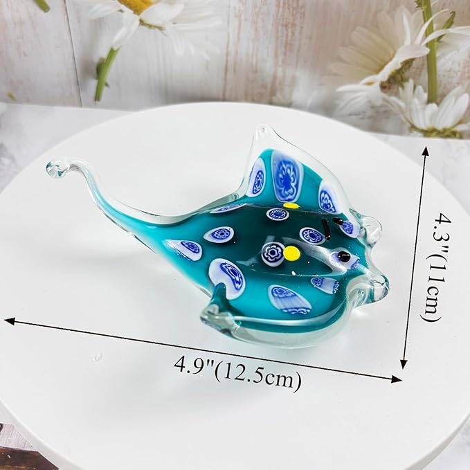Crystal Ray Fish Figurine Hand Blown Glass Manta Ray Statue Collectibles Ocean Art Sea Animal Home Table Decor Gift Green 4.9''