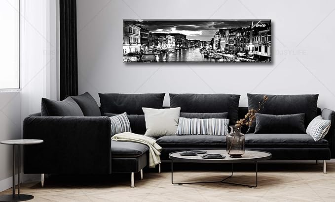 DJSYLIFE Venice Skyline Wall Art Black and White Italy Cityscape Canvas Print Painting Buildings Grand Canal Landscape Pictures Modern Artwork for Man Room Office Living Room Decoration 13.8"x47.3"