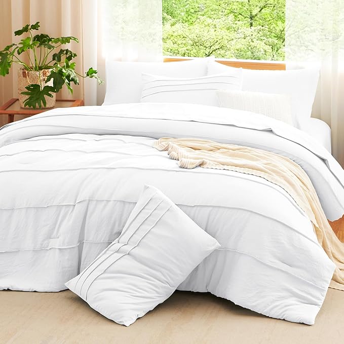 CozyLux King Size Comforter Set White, 7 Pieces Soft Pinch Pleat Bed in a Bag King Comforter Set with Sheets, Boho Bed Set with Down Alternative Comforter, Sheets, Pillowcases & Shams