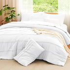 CozyLux Queen Comforter Set White, 7 Pieces Soft Pinch Pleat Bed in a Bag Queen Comforter Set with Sheets, Boho Bed Set with Down Alternative Comforter, Sheets, Pillowcases & Shams
