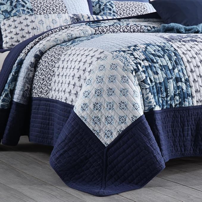 ENASAL Cotton Bedspread Quilt Sets Reversible Bedding Coverlet Sets Luxury Blue White Floral Real Patchwork Bedspread, Queen Size
