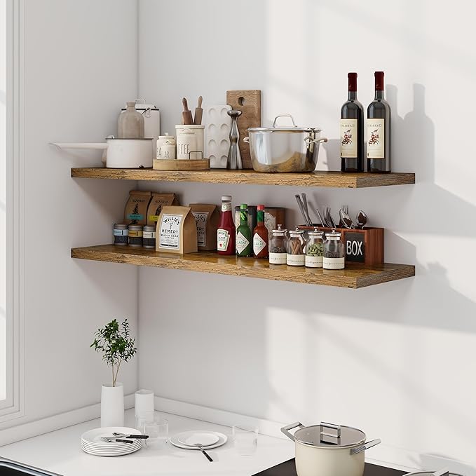 Dreamland 48" Floating Shelves for Wall, 12" Deep Slim Rustic Brown Floating Shelves, Wall-Mounted Shelves for Bedroom, Living Room, Kitchen, Bathroom - Set of 2