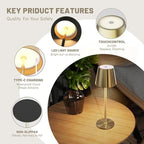 Maksone 2 Pack LED Cordless Table Lamp, 6600mWh Rechargeable Battery Desk Lamp, 3000K Stepless Dimming Night Light, IP54 Waterproof Metal Outdoor Portable Lamp for Camping, Restaurant (Gold)