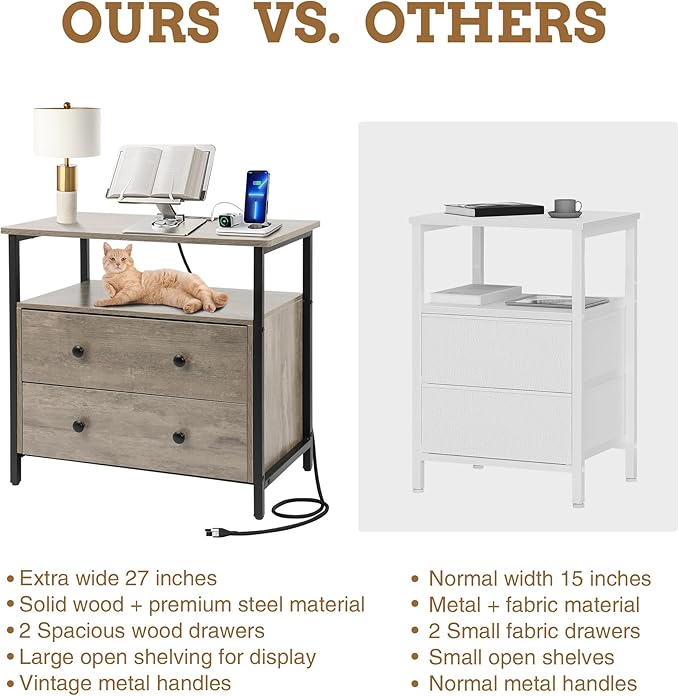 27 inch Wide Night Stand Set 2 with Charging Station, Bedside Table with Open Shelf, 2 Drawers Small Wood Dresser, Modern Wood Nightstand for Bedroom/Living Room (Rustic Gray)