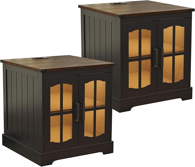 ChooChoo Farmhouse End Table Set of 2, 24" Large Sofa Side Table with Charging Station & LED Light, Black Nightstand with Adjustable Storage Shelf, Square Bedside Table for Living Room