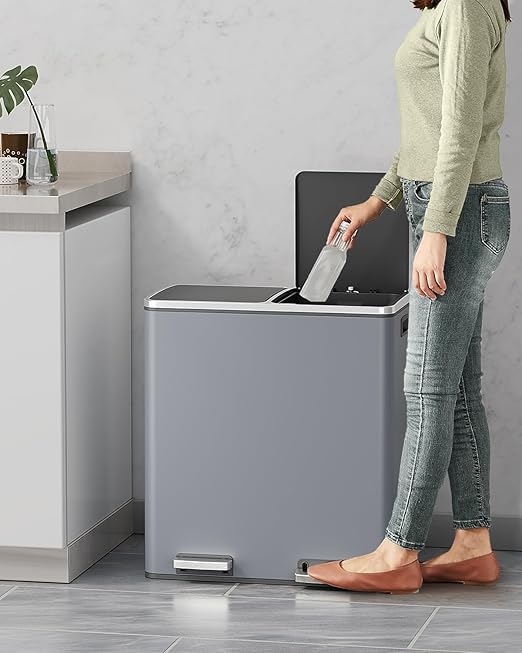 AthLike 60L(16 Gal ) Dual Trash Can, Stainless Steel Kitchen Garbage Can, Double Compartment Classified Rubbish Bin, Recycle Dustbin w/Plastic Inner Buckets, Handle, Soft-Close Lid, Airtight, Grey