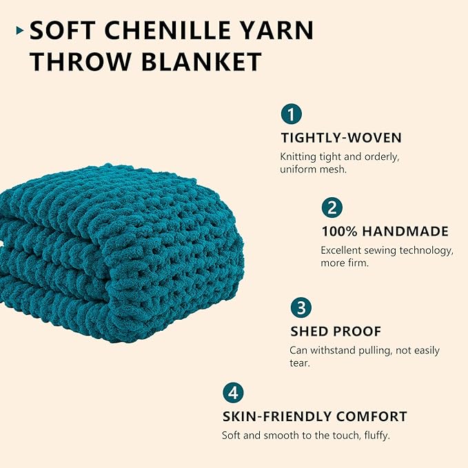 L'AGRATY Chunky Knit Blanket Throw: 50''x60'' Chenille Chunky Knitted Throw Blanket for Bed Couch - Handmade Thick Big Cable Knit Blanket - Large Crochet Rope Blanket for Home Decor(Teal)