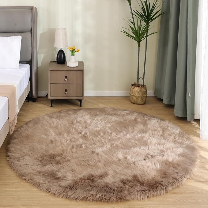 Latepis Large Round Rugs 6ft Light Brown Beige Circle Faux Sheepskin Rug Fluffy Fur Plush Shag Rug for Living Room Bedroom Carpet Plush Rugs Home Decor