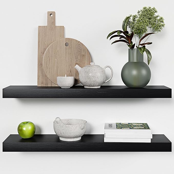 Homeforia Black Floating Shelves 30 inches Long, High End Solid Real Wood 30 inch Floating Shelf for Wall Mounted, Black Wooden 30in Floating Shelves, Heavy Duty Bracket, 30 X 6.5 X 1.75 in, Set of 4