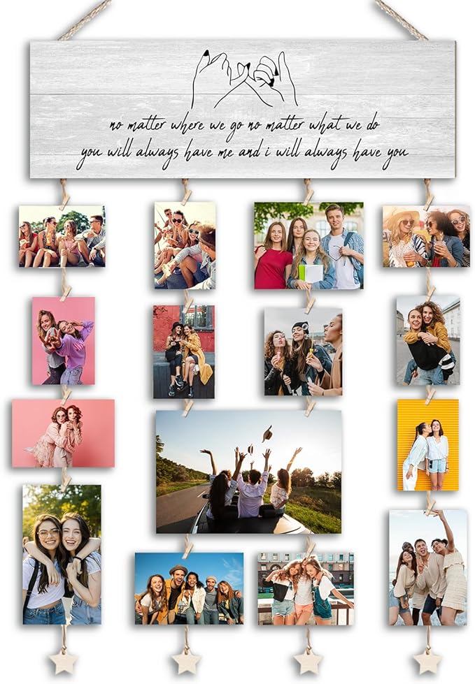Orchroma Hanging Photo Display with Clips Wall Decor,Best Friends Picture Board for Photos,Friendship Gifts Ideas,Friend Picture Frames Collage Wall Decor for Dorm Room,Christmas Birthday Party (Gray)