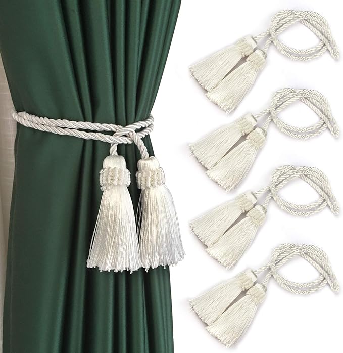 Fenghuangwu Curtain Tiebacks Handmade Decorative Curtain Holdbacks Rope with Tassel (White, 4P)