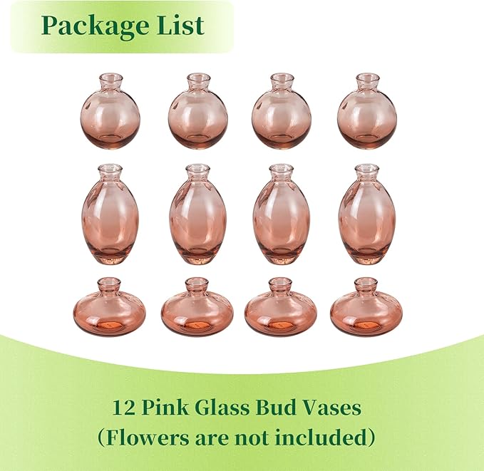Hewory Glass Bud Vases for Centerpieces: Set of 12 Cute Pink Small Vases Handmade, Mini Flower Vase for Floral Arrangement, Tiny Decorations for Home Office Wedding Reception Party Events Table Decor