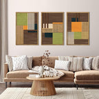 Large Modern Abstract Wall Art Set Minimalist Line Wood Wall Decor Neutral Brown Art Decor Colorful Geometric Wooden Wall Sculptures for Living Room Bedroom Office-16x24Inchx3