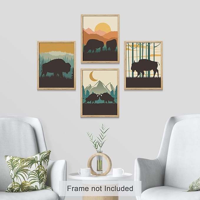 SIGNWIN Poster Bathroom Decor 11"x14"x 4, Wall Art Room Decor Multicolor for Living Room, Bedroom, Office Country Farmhouse Vibrant Bison Silhouette Nature Wilderness Animals Decorative Chic