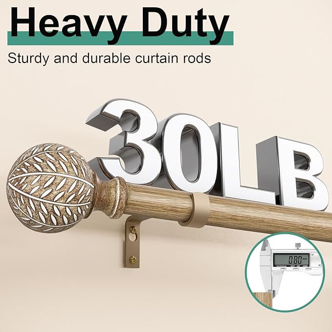 Wood Curtain Rods for Windows 72 to 144 Inch,1'' Diameter Drapery Rods with Imitation Wood Grain Leaf Pattern Finials,Boho Adjustable Heavy Duty Curtain Rods Set,36-150'',Color:Weathered Wood