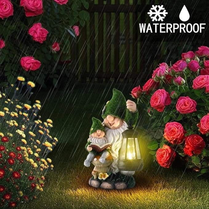 Solar Garden Gnome Statue Flocked Reading Parent & Child Gnomes with LED Light, Outdoor Waterproof Lawn Ornament Decor for Patio Lawn Yard Pathway Gift Idea for Women Mom Mothers Day