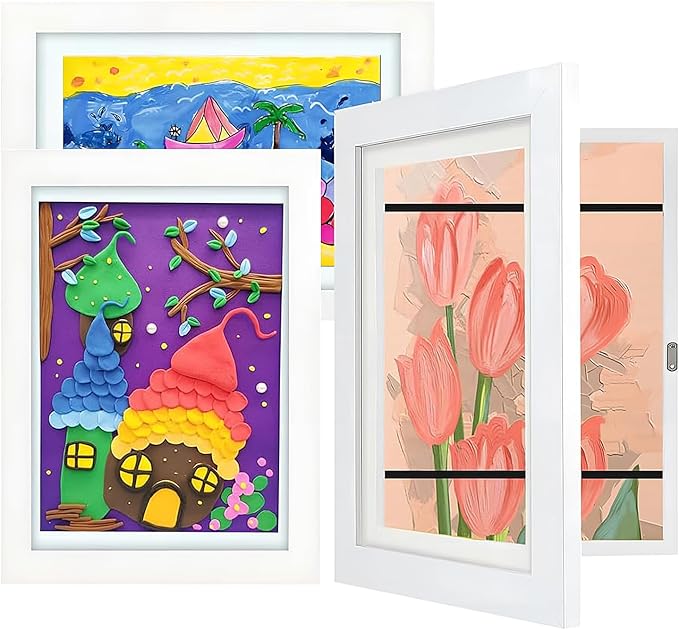 [3-Pack Kids Artwork Frames Changeable - Kids Art Frames Front Opening 8.5 x 11 Holds 150 Pics, Artwork Frames for Kids Art, Kids Art Frame Ideal for Portfolio, Pictures, Drawings (White)