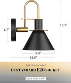 Black Wall Sconce, HWH Industrial Indoor Wall Light Fixture, Single Wall Vanity Light Gooseneck Barn Wall Sconce Lamp for Bedroom Kitchen, Black and Gold Finish, 5HZG56B-L BK+BG