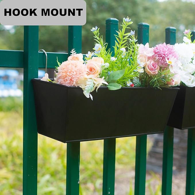 Wall Hanging Planters for Outdoor Plants 16 Inch Large Metal Fence Pots with Hooks for Outside Garden Balcony Plants 3PCS（Black）