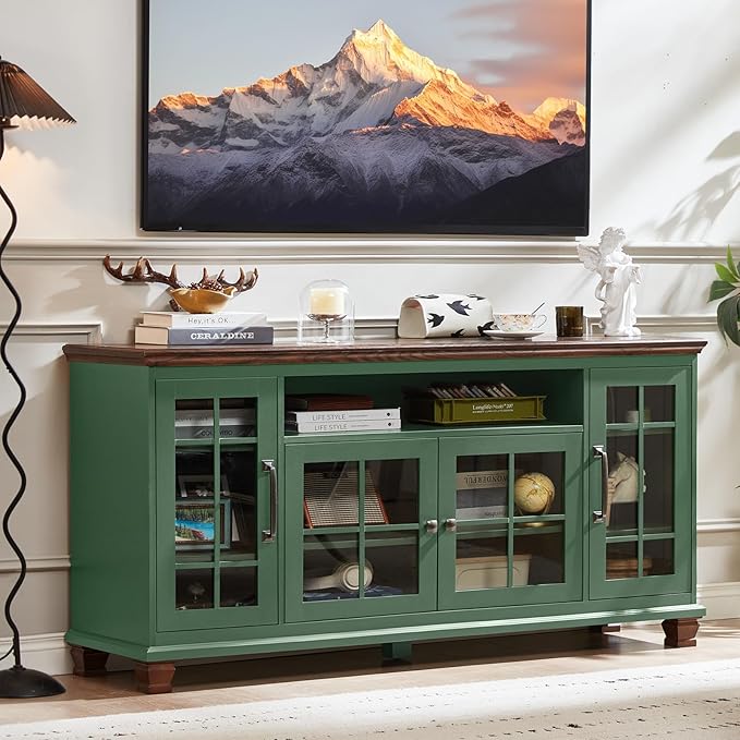 Large Sideboard Buffet Cabinet with Storage, Vintage Green Farmhouse 60" Wide Credenza Accent Cabinets with Glass Doors & Wood Legs, Kitchen Coffee Bar Table for Dining Room, Living Room