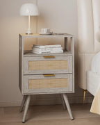 Rattan Nightstand,Farmhouse Bedside Table with 2 Storage Drawer and Open Wood Shelf, for Bedroom and Small Spaces,Night Stand with Solid Wood Legs (Grey Oak)