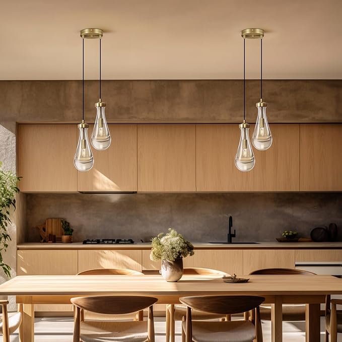 Modern Raindrop Pendant Lights, Brass Cluster 2-Light Pendant Lights Kitchen Island, Gold Bedside Pendant Lighting, Adjustable Suspension Cord for Dining Room,Bathroom,Bedroom,Bulb Included