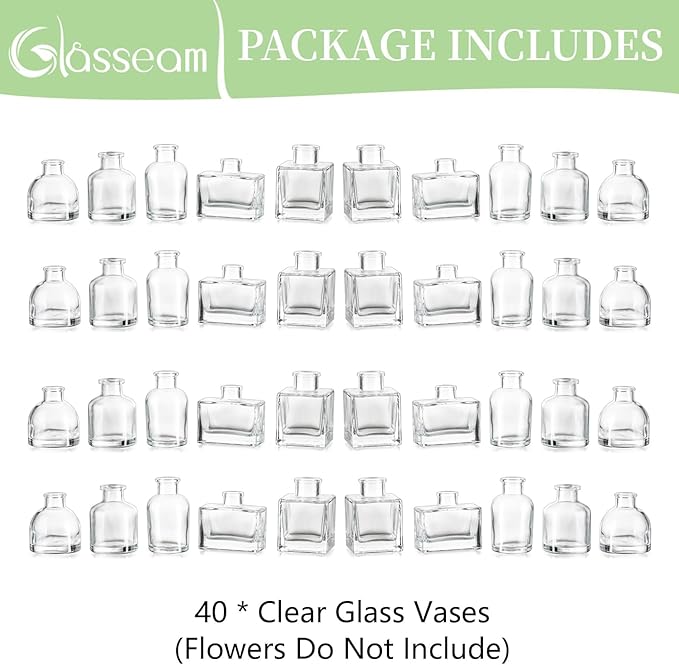 Glasseam Bud Vases in Bulk 40: Clear Glass Vases for Centerpieces Cute Mini Small Vases for Flowers Decorative Tiny Centerpiece Decor for Table Wedding Party Dining Room Decoration