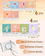 KBKBART Vintage Cocktail Poster Set of 10, Retro Bar Cart Accessories, Colorful Cocktail Wall Art, Funky Drink Aesthetic Pictures for Bar Cart Decor, Preppy Bar Art Prints for College Dorm Apartment - Unframed