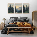 HLNIUC Mountain Forest Sun Framed Wall Art,Large Boho Pine Tree Canvas Wall Decor Set of 3(16”x24”)Ridge Mountain Landscape Picture Prints,Natural Sunset Woodland Wall Painting for Living Room,Bedroom