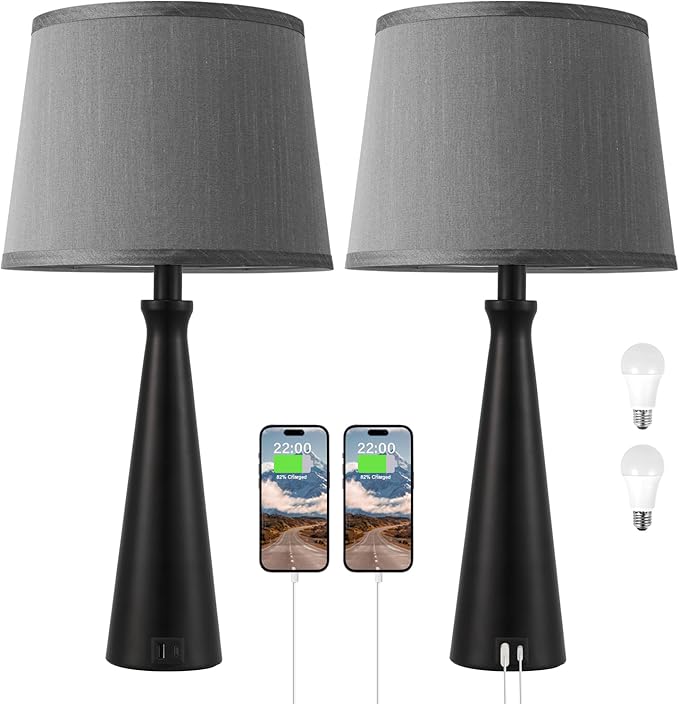 Seealle Modern Table Lamps Set of 2 - Touch Bedside Lamp for Nightstand with USB C+A,3-Way Dimmable Black Nightstand Lamps for Living Room Bedroom End Table with Grey Shade(Bulb Included)