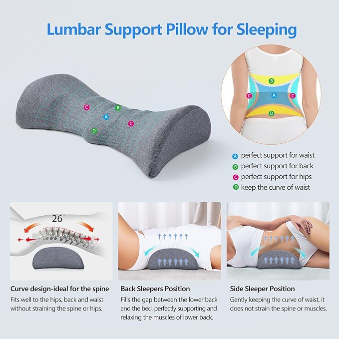 Lumbar Support Pillow for Sleeping Memory Foam Back Lumbar Support Cushion for Lower Back Pain Relief, Back Support Bed Pillow Waist Support Back Sleepers (Dark Grey)
