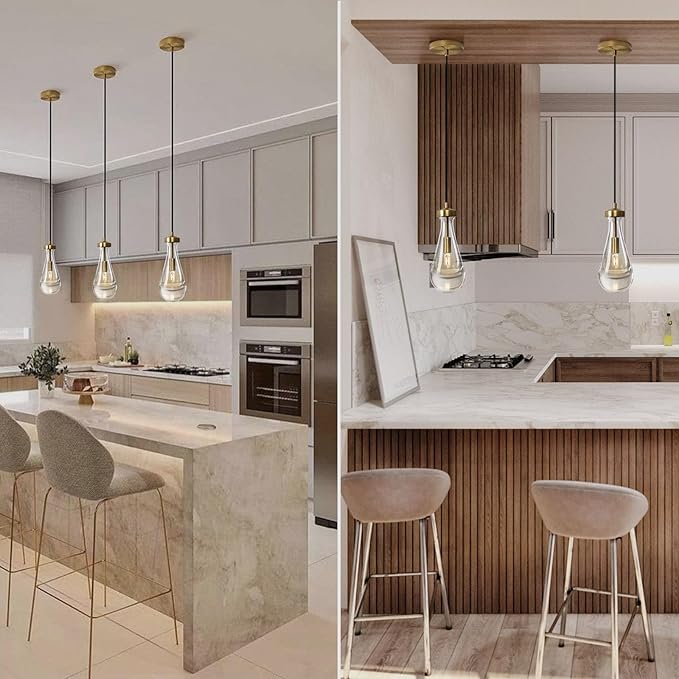 Raindrop Pendant Light Fixtures Set of 3, Brass Glass Pendant Lighting, Teardrops Pendant Lights Kitchen Island, Indoor Pendant Light for Kitchen Island Bedroom Bathroom, Included Bulb
