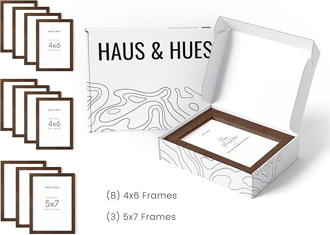 HAUS AND HUES Walnut Oak Wood Gallery Wall Tabletop Frames Made with Real American Oak and Shatter-free Plexiglass - Set of 11 (Eight 4x6, Three 5x7, Framed Walnut)