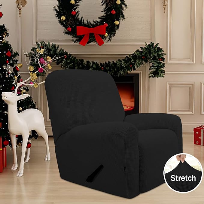Easy-Going Recliner Stretch Sofa Slipcover Sofa Cover 4-Pieces Furniture Protector Couch Soft with Elastic Bottom Spandex Jacquard Fabric Small Checks(Large,Black)