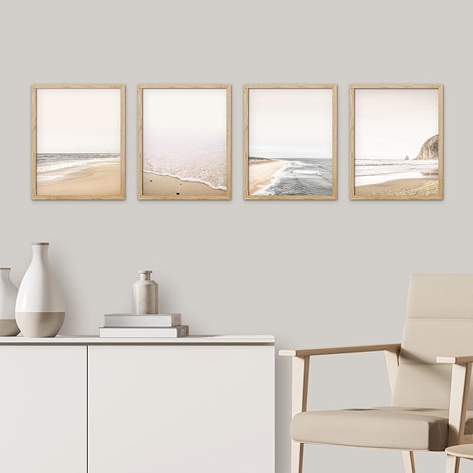 SIGNWIN Framed White Minimalist Ocean Beach Seashore Scenic Wall Art, Set of 4 Landscape Colorful Wall Decor Prints, Nature Wilderness Wall Décor for Living Room, Bedroom - 11"x14" Natural