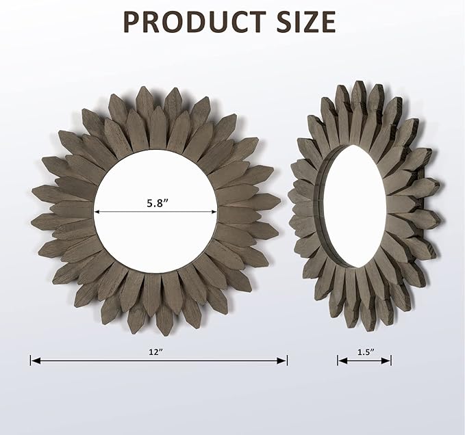 Honiway Farmhouse Wall Decor Mirror 12 inch Sunburst Boho Wood Mirror Rustic Home Decor Room Decoration for Bedroom Living Room Weathered Grey