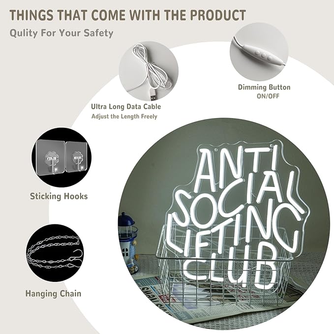 Anti Social Lifting Club Neon Sign for Wall Decor Gym Neon Light Lifting LED Neon Sign Letter Led Neon Light for Gym Man Cave Lifting Club Decoration