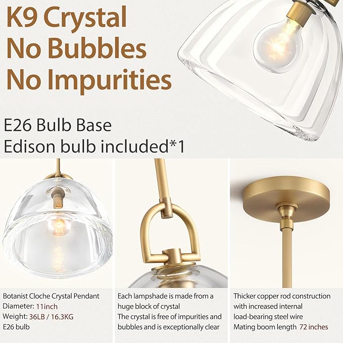 Modern Crystal Brass Pendant Light Fixture, 11" Crystals Pendant Lights Kitchen Island, Modern Island Lights for Kitchen, Farmhouse Crystal Dome Pendant Light for Hallway Dining Room Bedroom