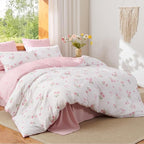 Floral Comforter Set King Size - 3 Pieces Pink White Floral Tulips Bow Comforter Bedding Sets Reversible Pattern,King Bed in a Bag with Flowers Comforter and 2 Pillowcases