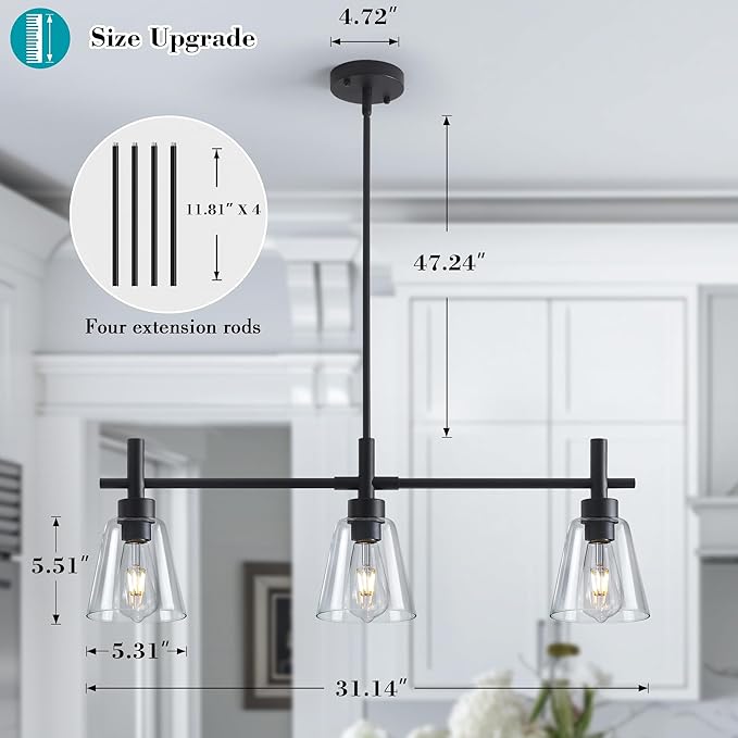 Black Kitchen Island Lighting, 3-Lights Modern Dining Room Light Fixture, Farmhouse Pendant Light Fixtures with Glass Shades, Adjustable Rectangle Linear Chandelier for Living Room