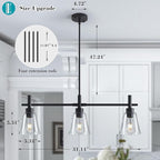 Black Kitchen Island Lighting, 3-Lights Modern Dining Room Light Fixture, Farmhouse Pendant Light Fixtures with Glass Shades, Adjustable Rectangle Linear Chandelier for Living Room