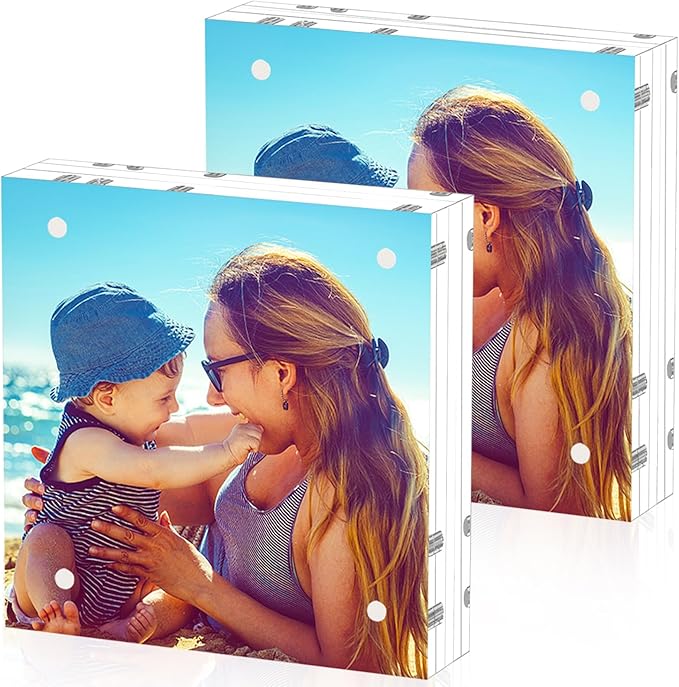HELPLEX 2 Pack 6x6 Acrylic Picture Frames, 24mm Thicker Square Frameless Clear Frame Double Sided Magnetic Frame, Free Standing Desktop Display Stand