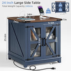 Farmhouse End Table with Charging Station, 24" Large Sofa Side Table with Glass Barn Door, Blue Nightstand with Adjustable Storage Shelf,Wood Square Bedside Table for Living Room,Bedroom